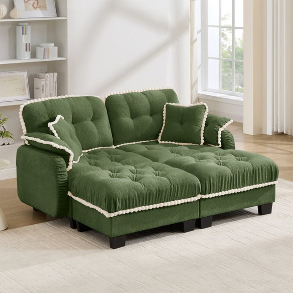 English Elm Chenille Cloud Loveseat with Tufted Cushions Pom-Pom Trim and Movable Ottoman Green W714S01907