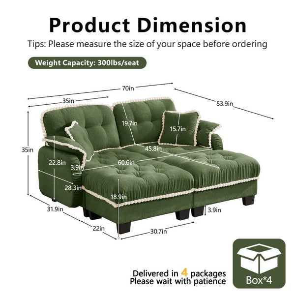 English Elm Chenille Cloud Loveseat with Tufted Cushions Pom-Pom Trim and Movable Ottoman Green W714S01907
