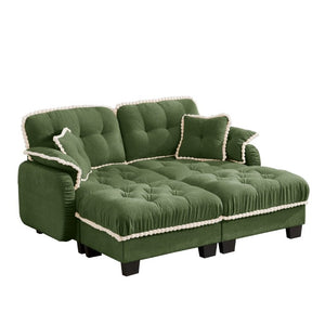 English Elm Chenille Cloud Loveseat with Tufted Cushions Pom-Pom Trim and Movable Ottoman Green W714S01907