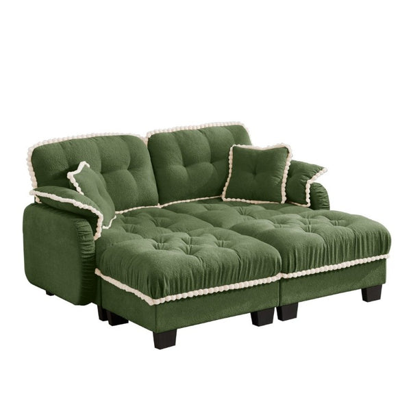 English Elm Chenille Cloud Loveseat with Tufted Cushions Pom-Pom Trim and Movable Ottoman Green W714S01907