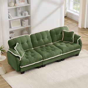 English Elm Chenille Cloud Sofa Three Seat Tufted Cushions Pom Trim Ergonomic Living Room Couch Green W714S01908