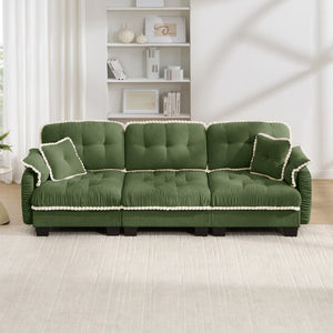English Elm Chenille Cloud Sofa Three Seat Tufted Cushions Pom Trim Ergonomic Living Room Couch Green W714S01908