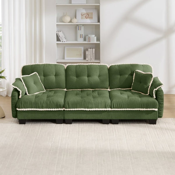English Elm Chenille Cloud Sofa Three Seat Tufted Cushions Pom Trim Ergonomic Living Room Couch Green W714S01908
