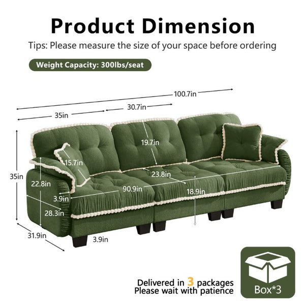 English Elm Chenille Cloud Sofa Three Seat Tufted Cushions Pom Trim Ergonomic Living Room Couch Green W714S01908