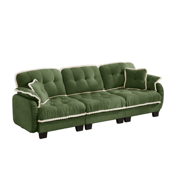 English Elm Chenille Cloud Sofa Three Seat Tufted Cushions Pom Trim Ergonomic Living Room Couch Green W714S01908