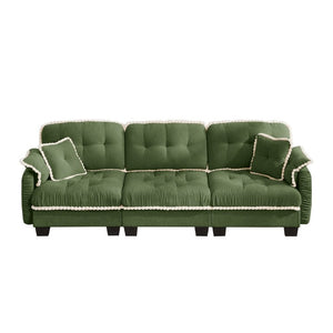 English Elm Chenille Cloud Sofa Three Seat Tufted Cushions Pom Trim Ergonomic Living Room Couch Green W714S01908