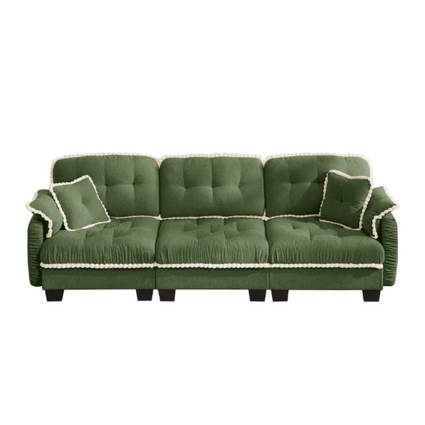 English Elm Chenille Cloud Sofa Three Seat Tufted Cushions Pom Trim Ergonomic Living Room Couch Green W714S01908