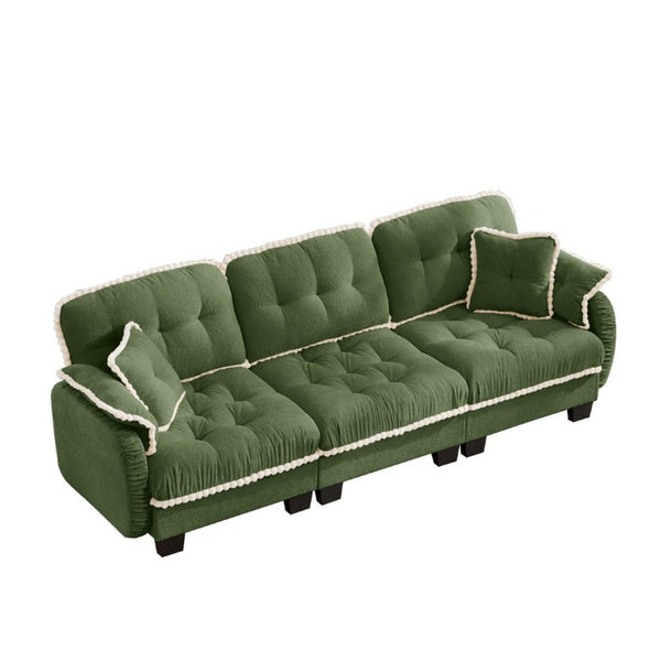 English Elm Chenille Cloud Sofa Three Seat Tufted Cushions Pom Trim Ergonomic Living Room Couch Green W714S01908