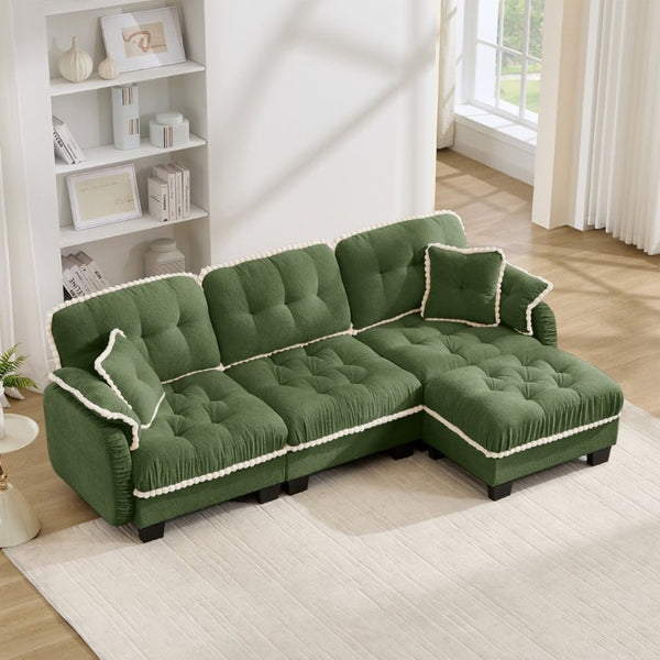 English Elm Chenille Cloud Sectional Sofa with Quilted Tufted Cushions and Movable Ottoman Lounge Seat Green W714S01909