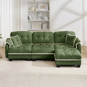 English Elm Chenille Cloud Sectional Sofa with Quilted Tufted Cushions and Movable Ottoman Lounge Seat Green W714S01909