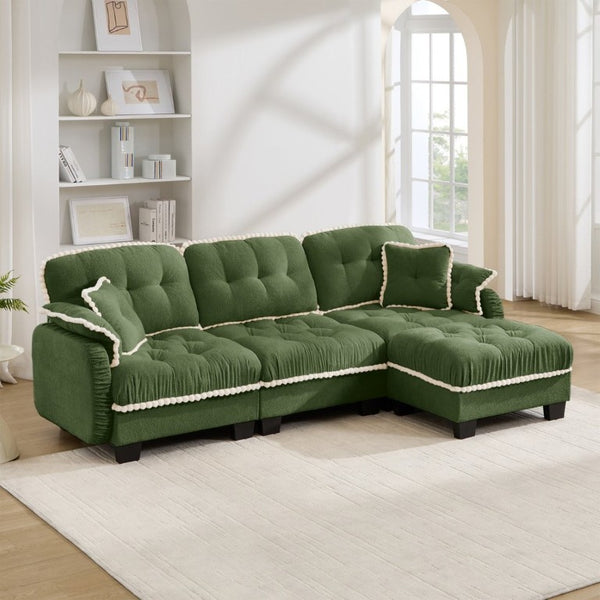 English Elm Chenille Cloud Sectional Sofa with Quilted Tufted Cushions and Movable Ottoman Lounge Seat Green W714S01909