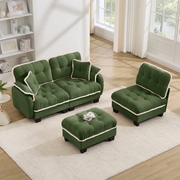 English Elm Chenille Cloud Sectional Sofa with Quilted Tufted Cushions and Movable Ottoman Lounge Seat Green W714S01909