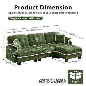English Elm Chenille Cloud Sectional Sofa with Quilted Tufted Cushions and Movable Ottoman Lounge Seat Green W714S01909