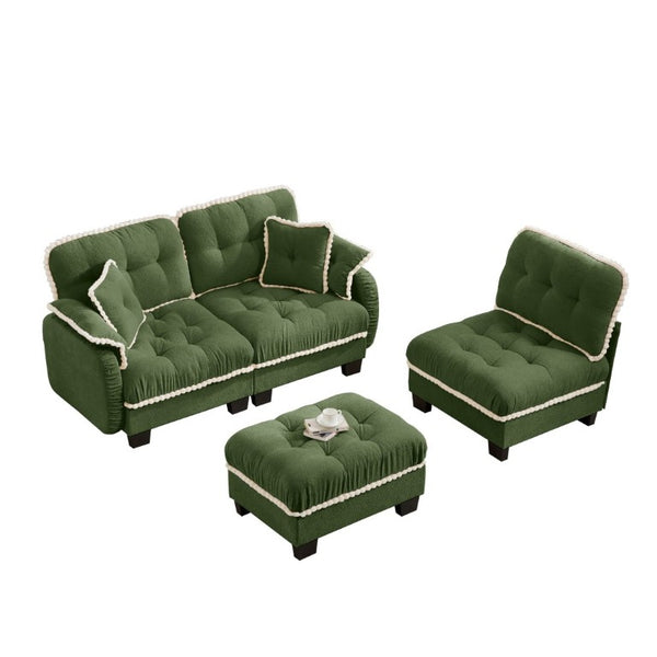 English Elm Chenille Cloud Sectional Sofa with Quilted Tufted Cushions and Movable Ottoman Lounge Seat Green W714S01909