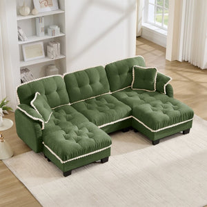 English Elm Chenille U-Shaped Sectional Sofa with Tufted Cushions Pom-Pom Trim and Movable Ottoman Green W714S01910
