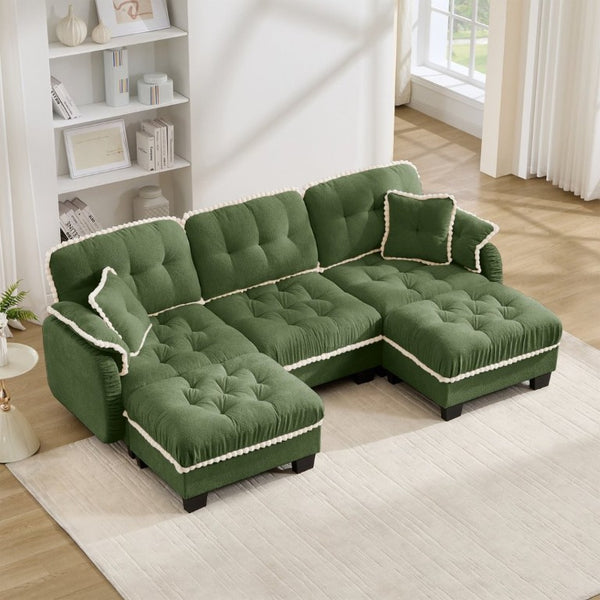 English Elm Chenille U-Shaped Sectional Sofa with Tufted Cushions Pom-Pom Trim and Movable Ottoman Green W714S01910