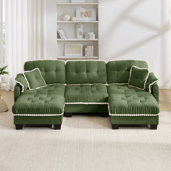 English Elm Chenille U-Shaped Sectional Sofa with Tufted Cushions Pom-Pom Trim and Movable Ottoman Green W714S01910