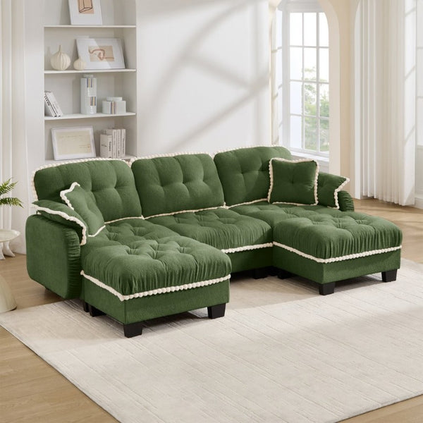 English Elm Chenille U-Shaped Sectional Sofa with Tufted Cushions Pom-Pom Trim and Movable Ottoman Green W714S01910