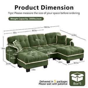 English Elm Chenille U-Shaped Sectional Sofa with Tufted Cushions Pom-Pom Trim and Movable Ottoman Green W714S01910