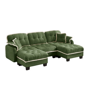 English Elm Chenille U-Shaped Sectional Sofa with Tufted Cushions Pom-Pom Trim and Movable Ottoman Green W714S01910