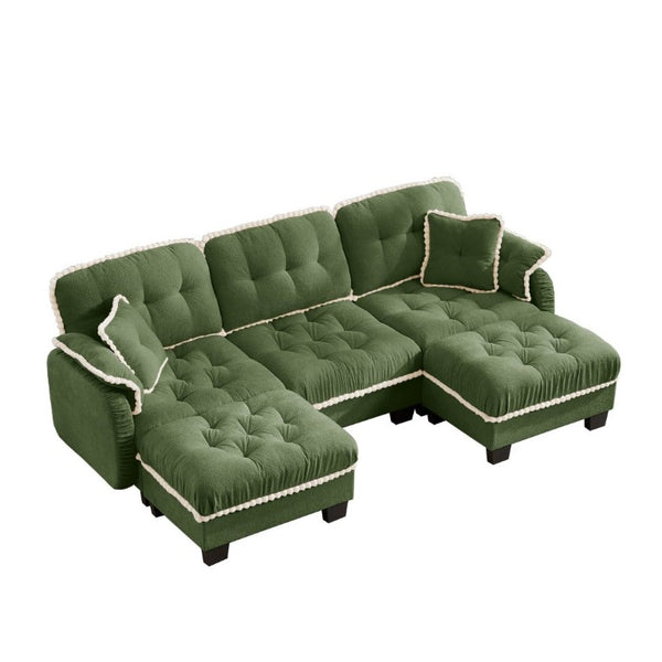 English Elm Chenille U-Shaped Sectional Sofa with Tufted Cushions Pom-Pom Trim and Movable Ottoman Green W714S01910