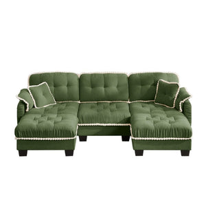 English Elm Chenille U-Shaped Sectional Sofa with Tufted Cushions Pom-Pom Trim and Movable Ottoman Green W714S01910