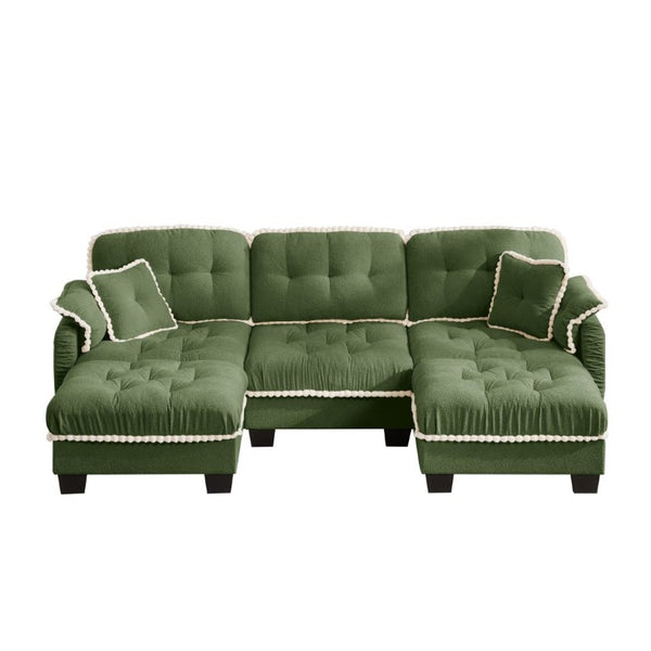 English Elm Chenille U-Shaped Sectional Sofa with Tufted Cushions Pom-Pom Trim and Movable Ottoman Green W714S01910