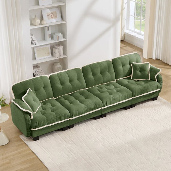 English Elm Chenille Cloud Sofa Quilted Tufted Cushions Pom-Pom Trim Four Seat Living Room Couch Green W714S01911