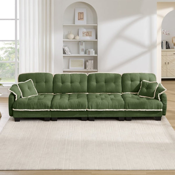 English Elm Chenille Cloud Sofa Quilted Tufted Cushions Pom-Pom Trim Four Seat Living Room Couch Green W714S01911