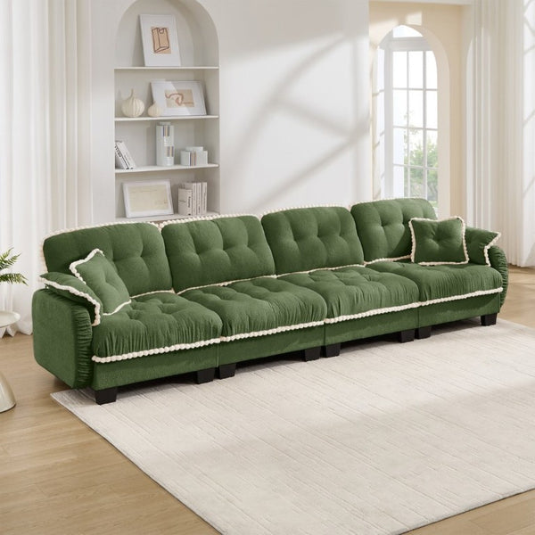 English Elm Chenille Cloud Sofa Quilted Tufted Cushions Pom-Pom Trim Four Seat Living Room Couch Green W714S01911