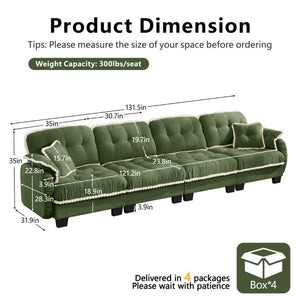 English Elm Chenille Cloud Sofa Quilted Tufted Cushions Pom-Pom Trim Four Seat Living Room Couch Green W714S01911