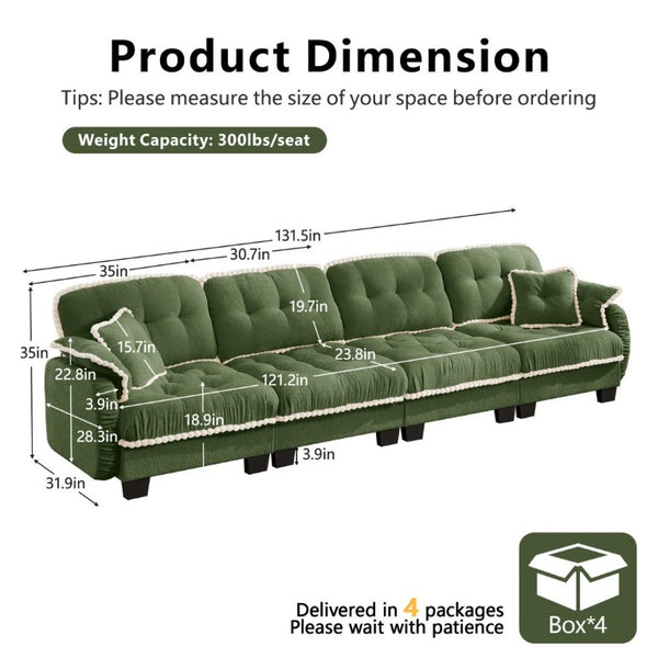 English Elm Chenille Cloud Sofa Quilted Tufted Cushions Pom-Pom Trim Four Seat Living Room Couch Green W714S01911