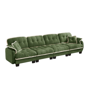English Elm Chenille Cloud Sofa Quilted Tufted Cushions Pom-Pom Trim Four Seat Living Room Couch Green W714S01911