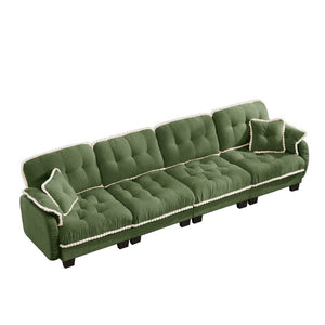 English Elm Chenille Cloud Sofa Quilted Tufted Cushions Pom-Pom Trim Four Seat Living Room Couch Green W714S01911