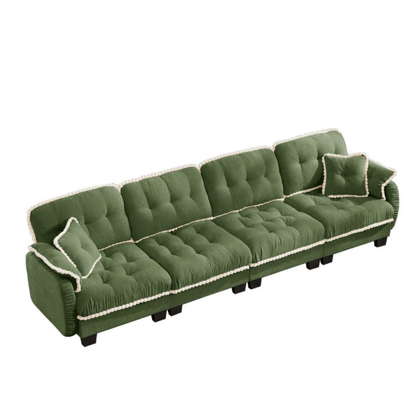 English Elm Chenille Cloud Sofa Quilted Tufted Cushions Pom-Pom Trim Four Seat Living Room Couch Green W714S01911