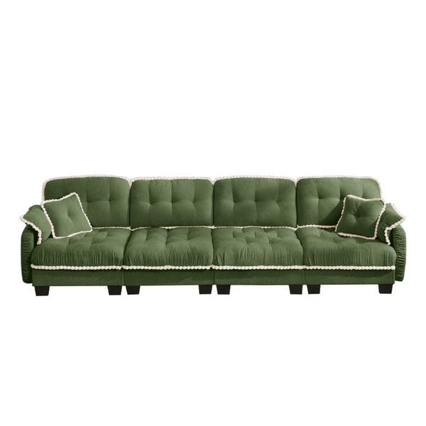 English Elm Chenille Cloud Sofa Quilted Tufted Cushions Pom-Pom Trim Four Seat Living Room Couch Green W714S01911