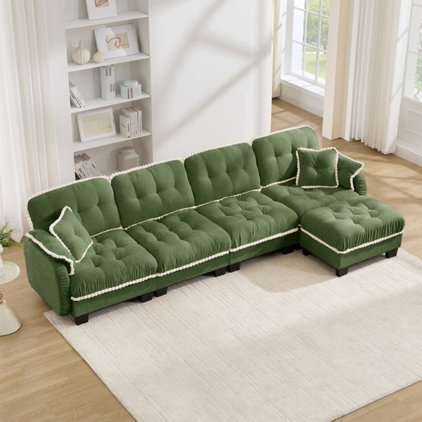 English Elm Chenille Cloud Sectional Sofa Quilted Tufted Cushions Pom-Pom Trim Movable Ottoman Green W714S01912