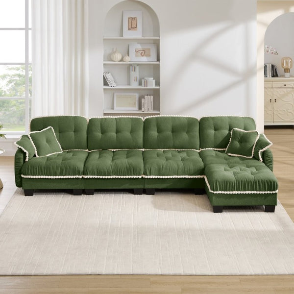 English Elm Chenille Cloud Sectional Sofa Quilted Tufted Cushions Pom-Pom Trim Movable Ottoman Green W714S01912