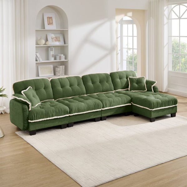 English Elm Chenille Cloud Sectional Sofa Quilted Tufted Cushions Pom-Pom Trim Movable Ottoman Green W714S01912