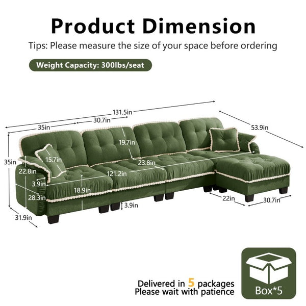 English Elm Chenille Cloud Sectional Sofa Quilted Tufted Cushions Pom-Pom Trim Movable Ottoman Green W714S01912