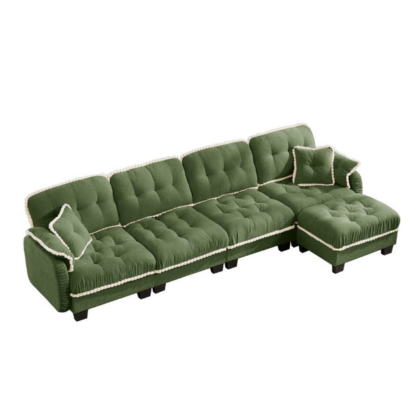 English Elm Chenille Cloud Sectional Sofa Quilted Tufted Cushions Pom-Pom Trim Movable Ottoman Green W714S01912