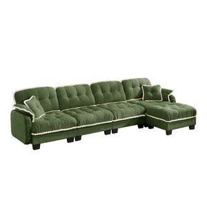 English Elm Chenille Cloud Sectional Sofa Quilted Tufted Cushions Pom-Pom Trim Movable Ottoman Green W714S01912