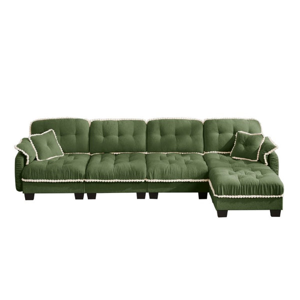 English Elm Chenille Cloud Sectional Sofa Quilted Tufted Cushions Pom-Pom Trim Movable Ottoman Green W714S01912
