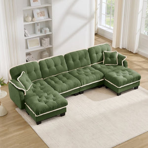English Elm Chenille Cloud Sectional with Quilted Tufting Pom-Pom Accents and Versatile Ottoman Green W714S01913