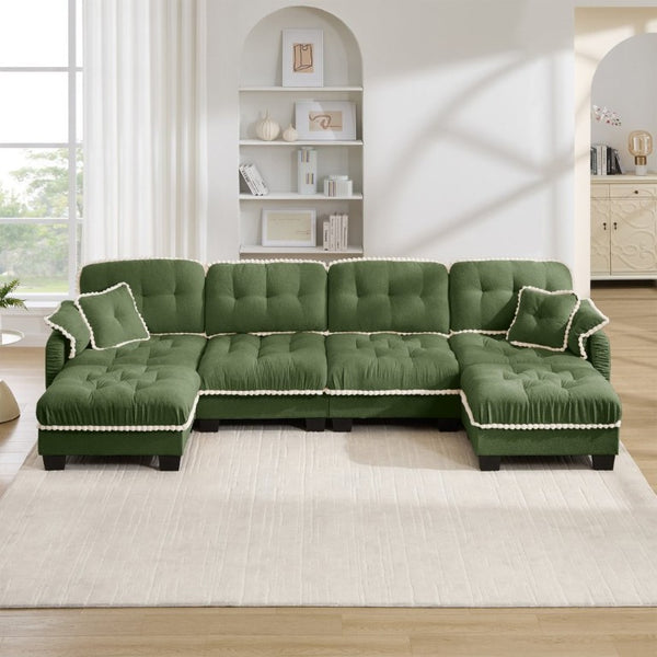English Elm Chenille Cloud Sectional with Quilted Tufting Pom-Pom Accents and Versatile Ottoman Green W714S01913