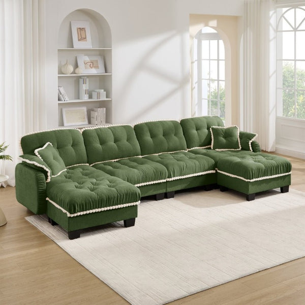 English Elm Chenille Cloud Sectional with Quilted Tufting Pom-Pom Accents and Versatile Ottoman Green W714S01913