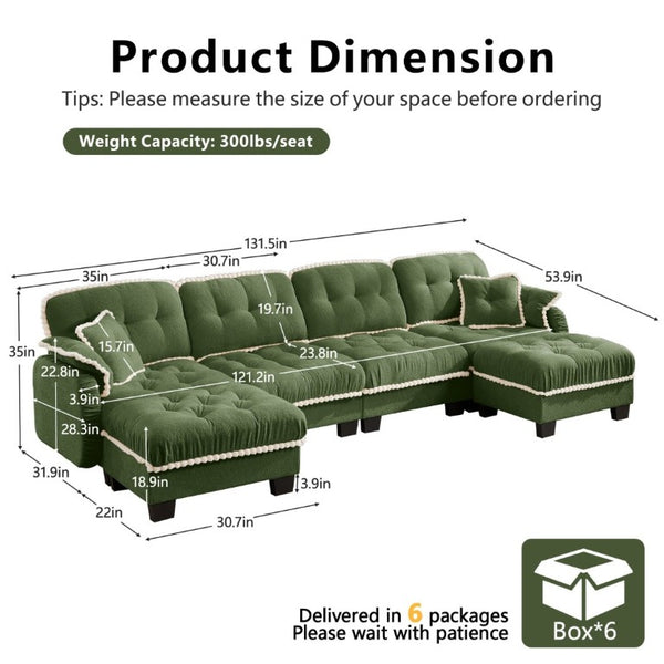English Elm Chenille Cloud Sectional with Quilted Tufting Pom-Pom Accents and Versatile Ottoman Green W714S01913