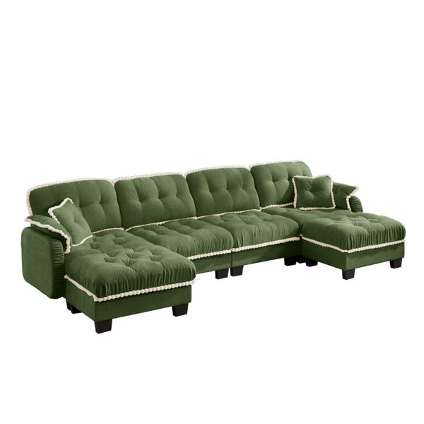 English Elm Chenille Cloud Sectional with Quilted Tufting Pom-Pom Accents and Versatile Ottoman Green W714S01913