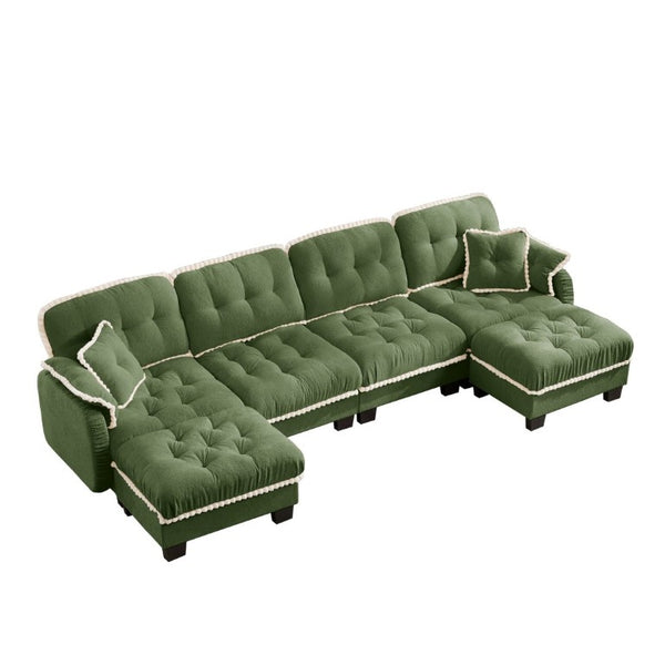 English Elm Chenille Cloud Sectional with Quilted Tufting Pom-Pom Accents and Versatile Ottoman Green W714S01913