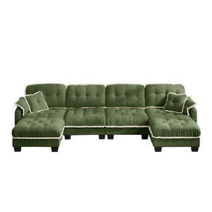 English Elm Chenille Cloud Sectional with Quilted Tufting Pom-Pom Accents and Versatile Ottoman Green W714S01913
